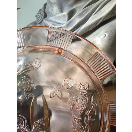Depression Period Pink Glass Roses Pattern Cake Stand For Sale In Atlanta - Image 6 of 8