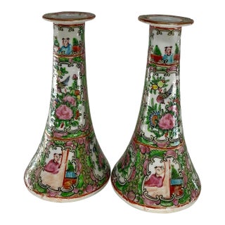 Pair of Antique Chinese Rose Medallion Porcelain Candlesticks For Sale