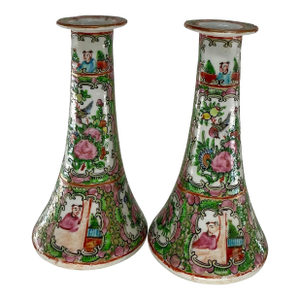 Pair of Antique Chinese Rose Medallion Porcelain Candlesticks