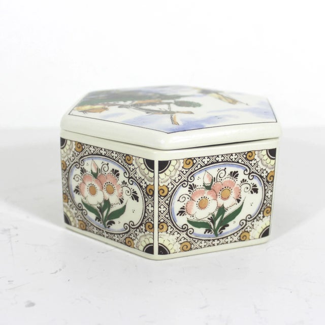 Rustic European Vintage Ceramic Trinket Box Flowers Windmill Holland Signed Hand Painted Delft Polychrome For Sale - Image 3 of 9