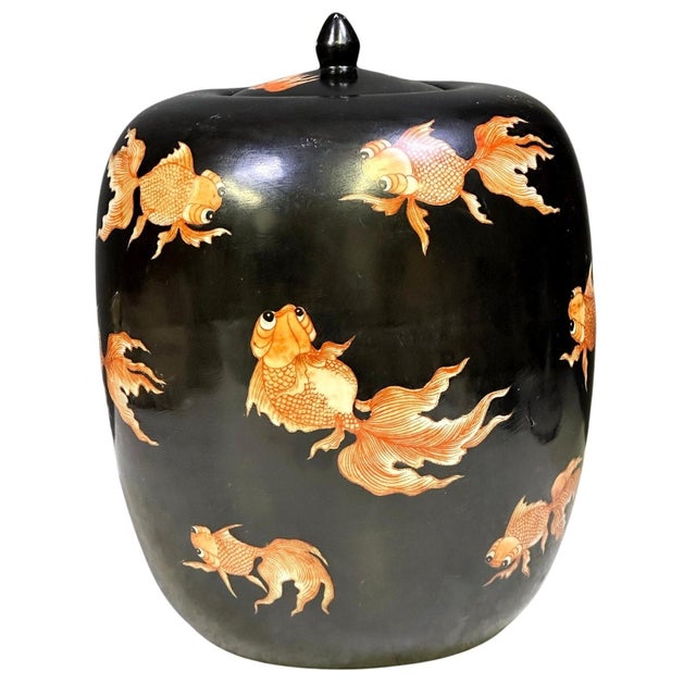 Black Noire Porcelain Ginger Jar - Goldfish Jiaqing Style For Sale In Dallas - Image 6 of 10