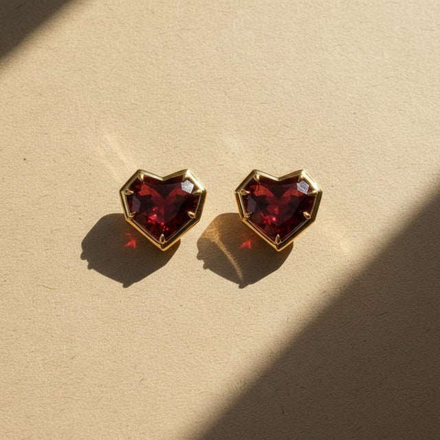 Modern Geometric Heart Garnet Stud Earrings, Silver, Gold, Pair For Sale - Image 3 of 8