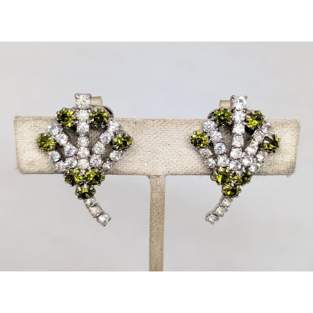 Metal Vintage 1960s Signed Hobe Silvertone Faux-Peridot & Clear Rhinestone Clip Earrings- 2 Pieces For Sale - Image 7 of 7