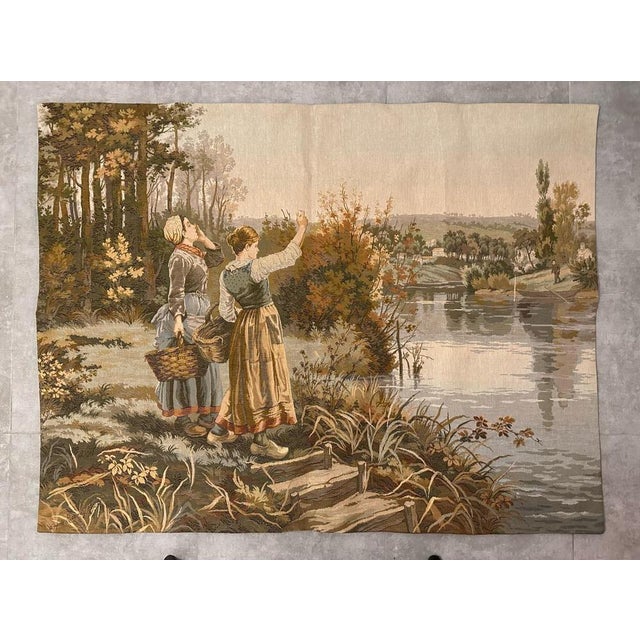 Pretty vintage Aubusson style tapestry with beautiful design of women at the water's edge with beautiful colors, woven...