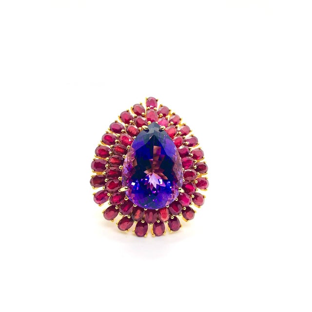 Bochic “Orient” Vintage Natural Ruby & Amethyst Ring Set In 18 K Gold & Silver Natural Center Ruby 14.00 Carat Natural...