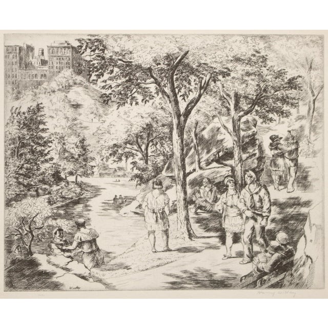 An excellent First Edition period black and white offset lithograph (print) after etching "Central Park" by American...