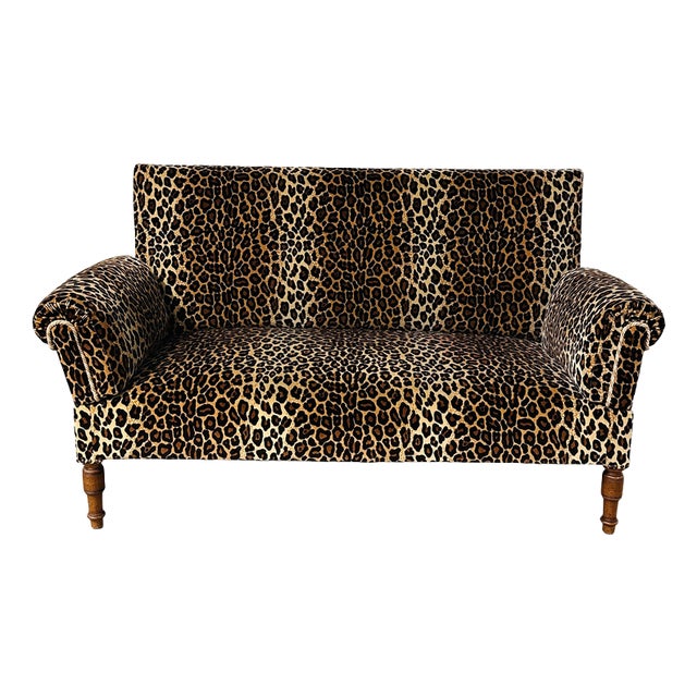 Vintage Leopard Velvet Sofa with Drop-Down Arms, France For Sale