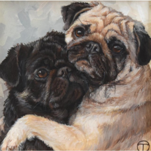 French Provincial Two Pug Dogs Puppies Hugging Portrait Painting Including the Antiqued Gold Wood Frame For Sale - Image 3 of 5