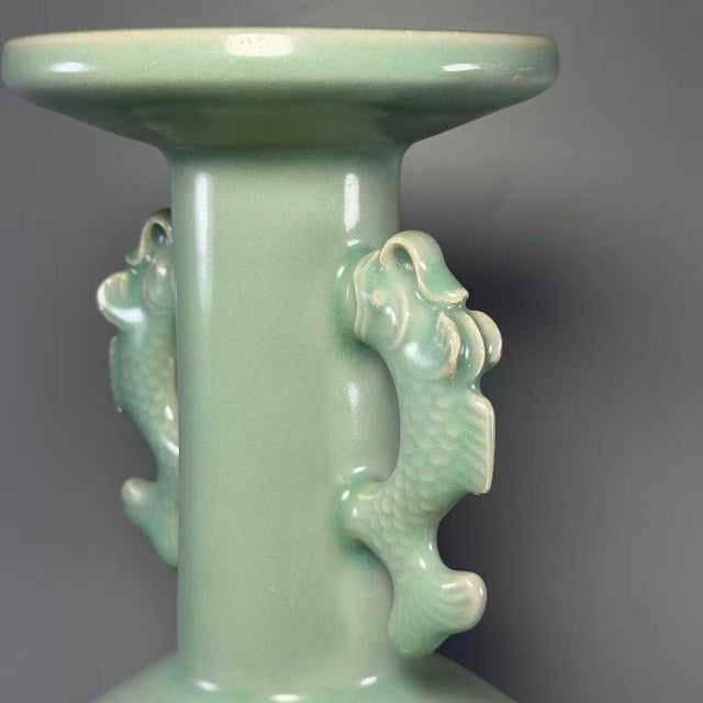 Vintage Chinese Longquan Celadon Porcelain Vase | One of a Kind, Dragon‑Shaped Twin Handles For Sale - Image 4 of 7