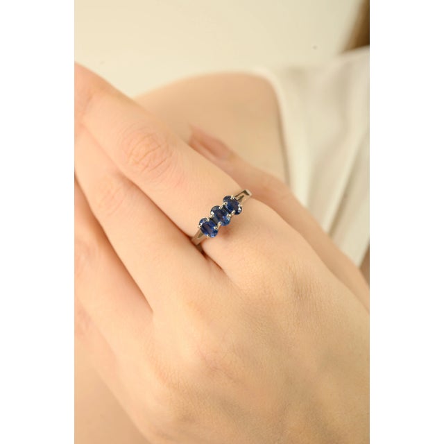 Three Stone Blue Sapphire Promise Ring in Silver- Size 7.5 For Sale - Image 6 of 12