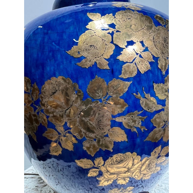 Contemporary 1930s Blue and Gold Leaf Chinese Table Lamp For Sale - Image 3 of 6