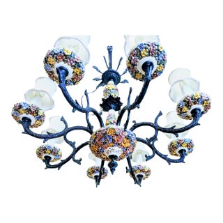 1960s Italian Capodimonte, Faience-Style Porcelain and Wrought Iron Chandelier For Sale