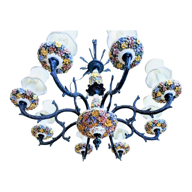 1960s Italian Capodimonte, Faience-Style Porcelain and Wrought Iron Chandelier For Sale