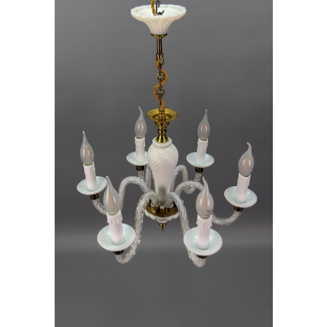Gold Italian Murano White Clear and Milk Glass Six-Arm Chandelier, 1950s For Sale - Image 8 of 18