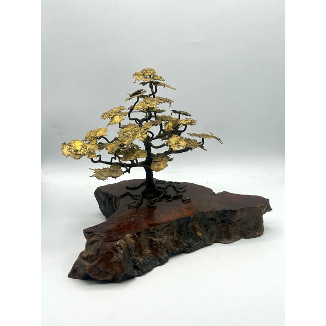 Mid-Century Brutalist Gilt Bronze Bonsai Tree Sculpture on Burl Wood Basee For Sale - Image 12 of 18
