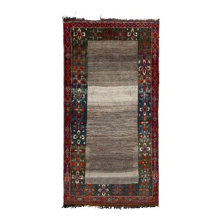 Hand-Knotted Mid-Century Vintage Gabbeh Rug in Gray Red Tribal Geometric Pattern For Sale