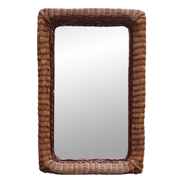 Italian Woven Rattan Rectangular Wall Mirror, 1960s For Sale