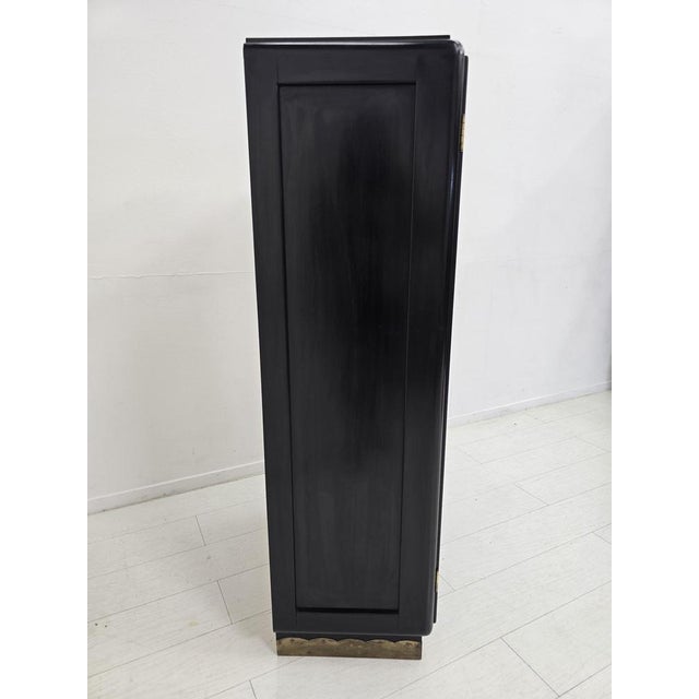 Wood Viennese Art Deco Wardrobe in Black Lacquer with Brass Details, 1940s For Sale - Image 7 of 11