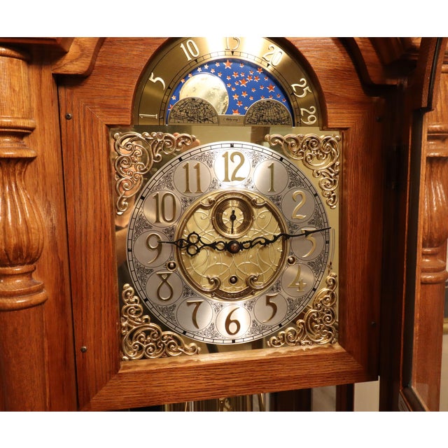 Ridgeway Model 9109 Illuminated Moon Phase Triple-Chime Grandfather Clock, Oak Case, Circa 1992 For Sale - Image 12 of 18