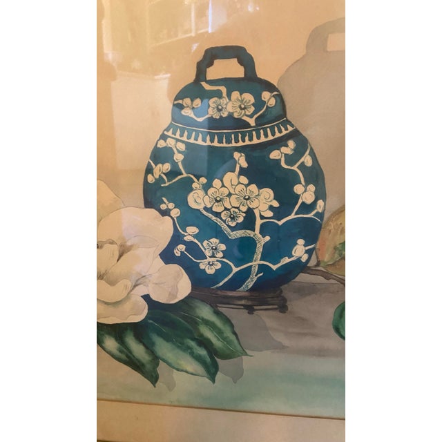 1952 Floral Still Life Watercolor by Nita Bradley – Magnolia & Blue Vase, Framed For Sale - Image 11 of 12