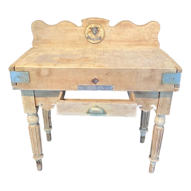 Antique French Butcher’s Block Table With Bull’s Head Mount and Rare Paris Label For Sale