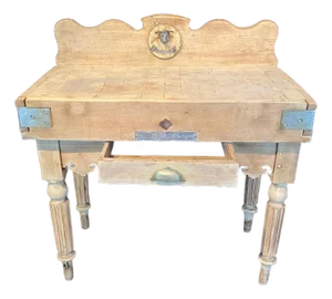 Antique French Butcher’s Block Table With Bull’s Head Mount and Rare Paris Label