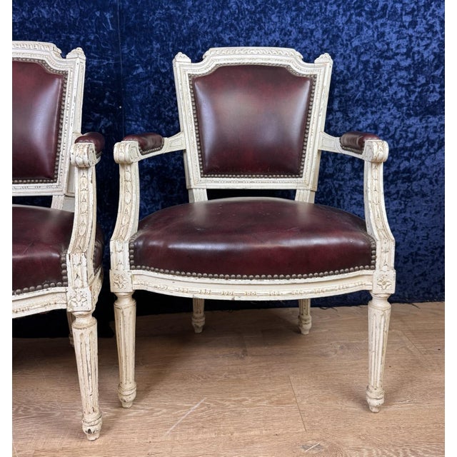 Maroon Louis XVI Convertible Armchairs in Lacquered Wood and Leather, 1850, Set of 2 For Sale - Image 8 of 10