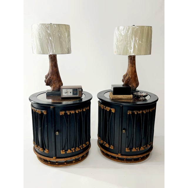 Pair of Oversized Round Bamboo and Rattan Nightstands or Accent Tables For Sale - Image 11 of 12