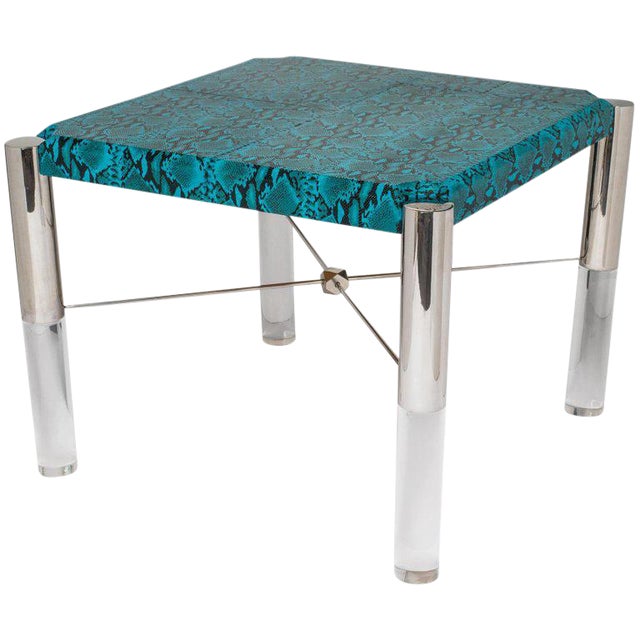 1970's Turquoise Leather Snakeskin and Lucite Game Table For Sale