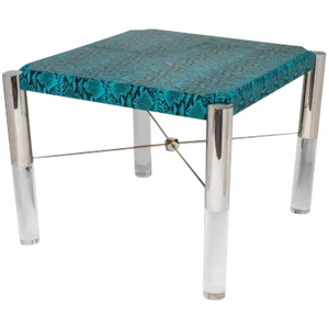 1970's Turquoise Leather Snakeskin and Lucite Game Table