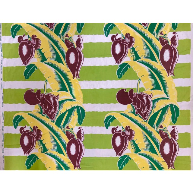 Mid 20th Century Wavy Green Striped Barkcloth With Tropical Banana Leaf Pattern For Sale