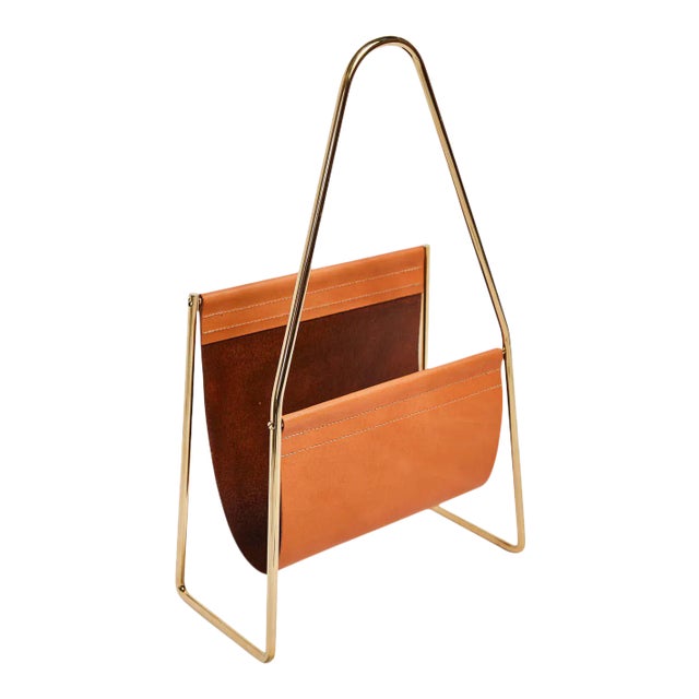 Carl Auböck Model #3808 Brown Leather and Brass Magazine Rack For Sale
