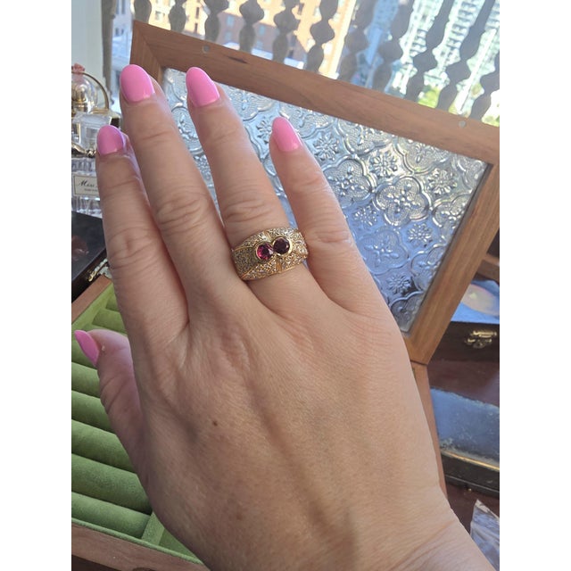 Modern Vintage French 18k Gold Double Ruby and 1.60 Carat Diamond Pyramid Dome Ring, Size 6 For Sale - Image 3 of 5