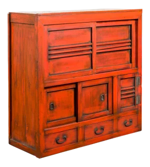 Japanese 19th Century Meiji Period Red Cabinet with Sliding Doors and Drawers