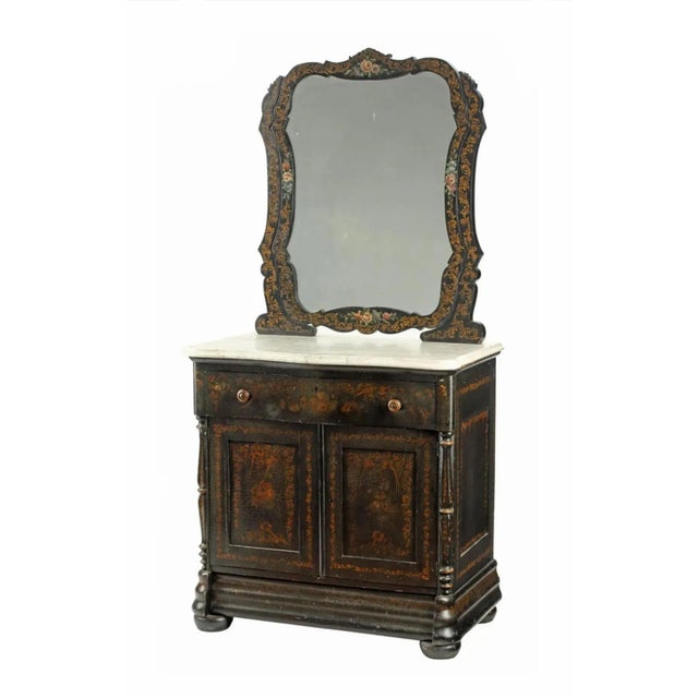 Wood Antique Victorian Chinoiserie Painted Marble-Top Mirrored Vanity Table / Washstand Chest Signed Gwt For Sale - Image 7 of 12