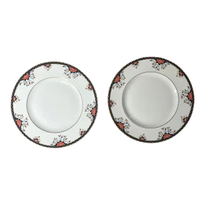 1980s Wedgwood Touraine England Dinner Plate - Set of 2, Zigzag & Dot Band, Red/Yellow Floral Rim, Bone China, Gold Trim