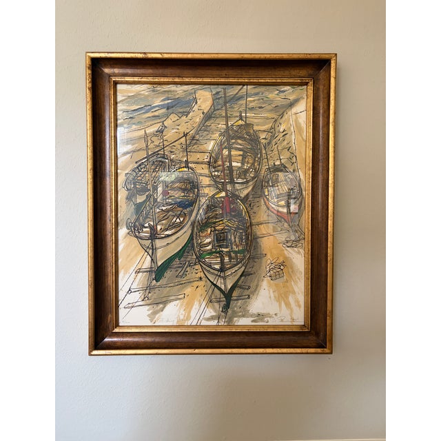 1970s “Fishing Boats” by Bruno Zupan Signed Limited Edition Lithograph 14/200 17x33 - Framed For Sale In Houston - Image 6 of 12