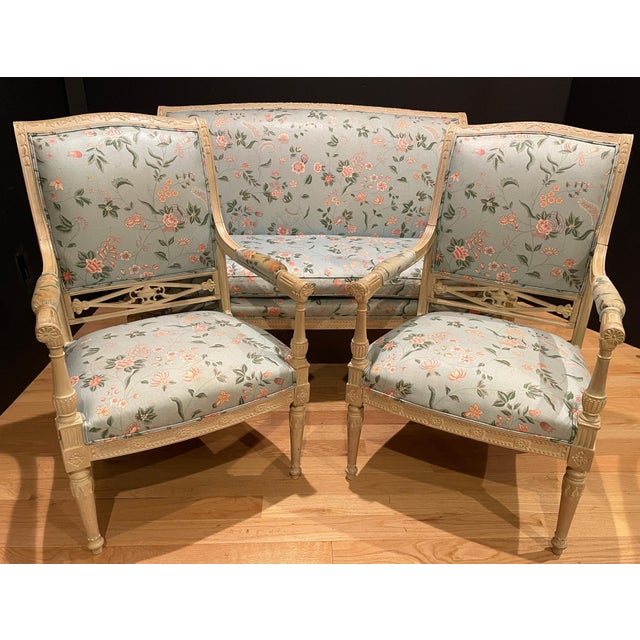 Late 19th Century Late 19th Century Swedish Neoclassical Carved And Painted Three Piece Salon Set For Sale - Image 5 of 12