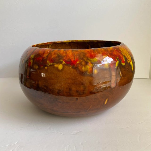 Mid Century Modern 1960s Frank Moreno Usa Pottery Planter Brown Yellow Red Drip Glaze Nice earthy tone glaze on this...