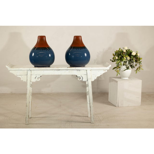 Pair of Artisan Ceramic Vases in Midnight Blue, Pre-Drilled for Lamp Conversion For Sale - Image 11 of 12