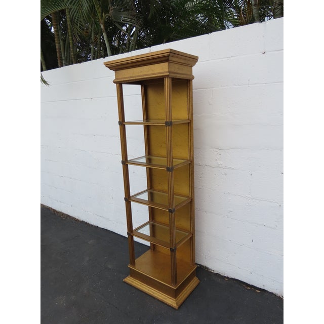 Late 20th Century Hollywood Regency Tall Narrow Distressed Gold Display Shelf Cabinet 6661 For Sale - Image 5 of 15