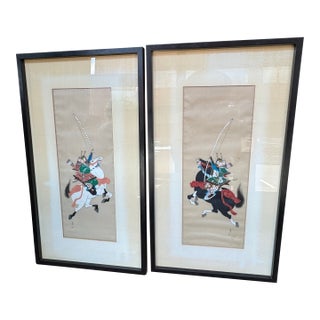 Vintage Pair of Paintings on Silk- Samurai on Horseback For Sale