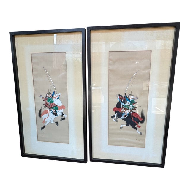 Vintage Pair of Paintings on Silk- Samurai on Horseback For Sale