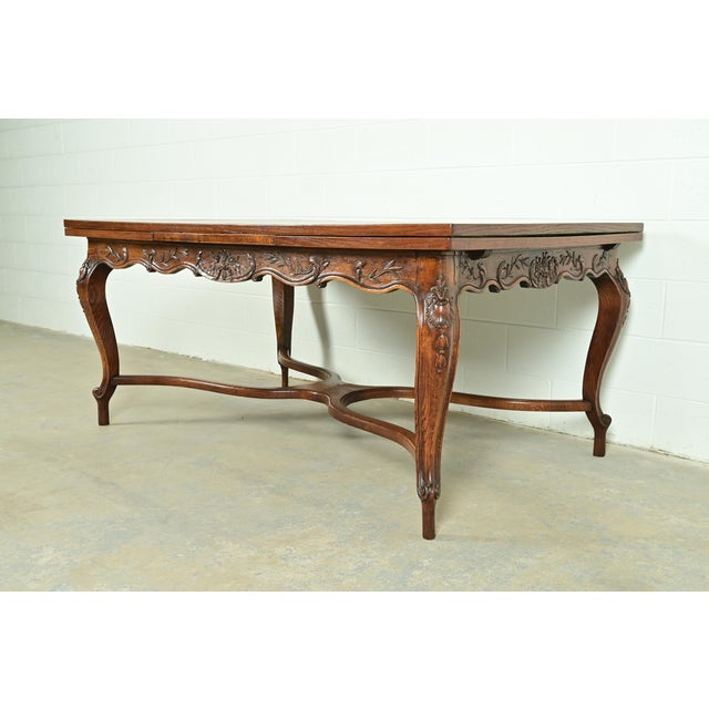 French Provincial Baker Furniture Style French Provincial Louis XV Carved Oak Extension Dining Table, Circa 1960s For Sale - Image 3 of 15