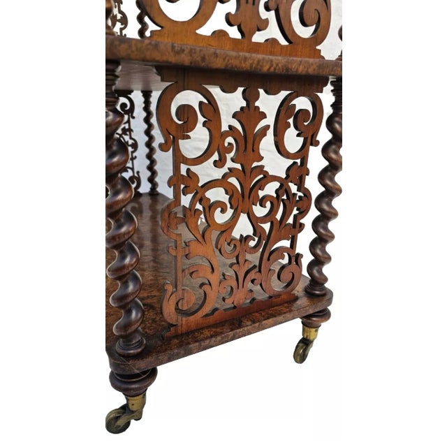 Victorian 1840s Burl Walnut Three-Tier Display Shelf Stand With Tooled Leather Top For Sale - Image 11 of 12