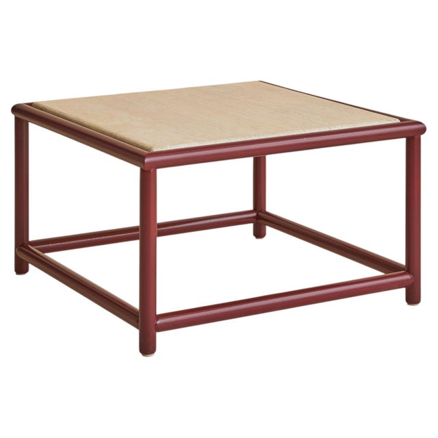 Red Italian Red Lacquered Wood + Travertine Coffee Table, 1970s For Sale - Image 8 of 12