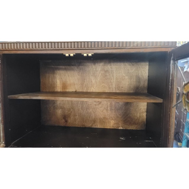 Antique Maidsaver Lusty Hoosier Kitchen Cabinet Carved Oak With Stained Glass Doors For Sale - Image 12 of 12