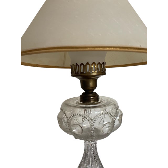 Gorgeous glass lantern lamp with original shade. Beautiful etched glass detail, brass neck and French wired.
