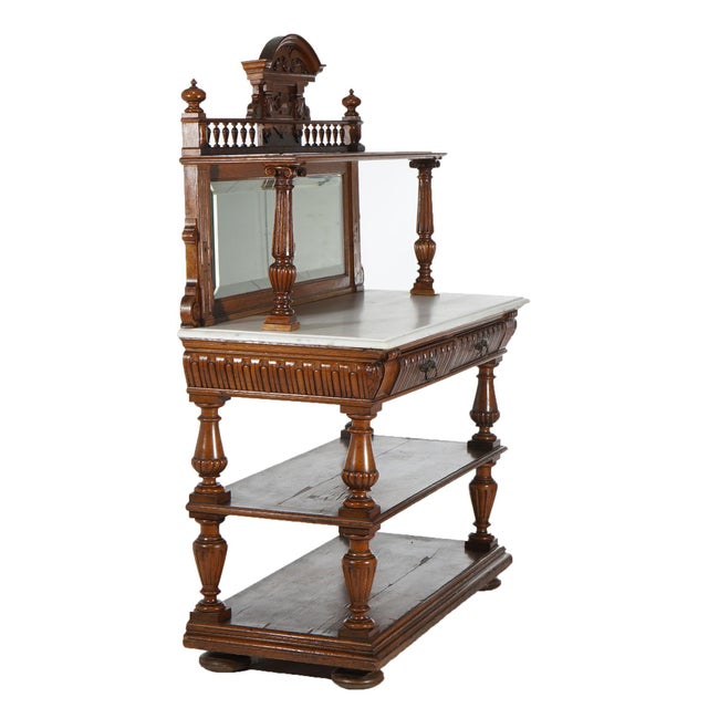 Rustic Early 20th Century Antique Oak Marble Top Server with Mirrored Back Splash & Spindled Rail C1900 For Sale - Image 3 of 11