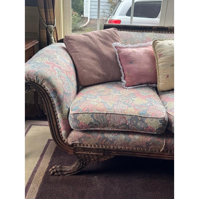 Duncan Phyfe Style Carved Sofa With Claw Feet and Rose Floral Damask For Sale In Charlotte - Image 6 of 6
